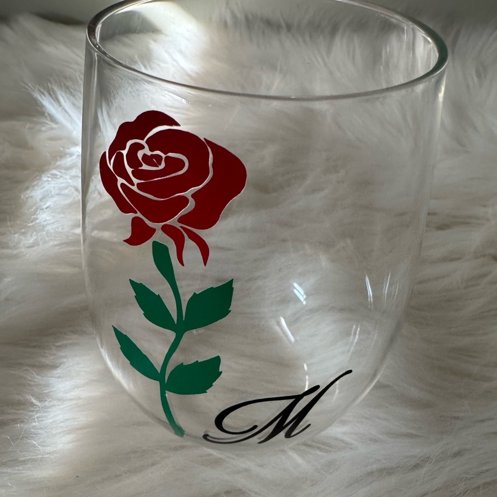 Clear Glass with Red Rose Design & Initial M